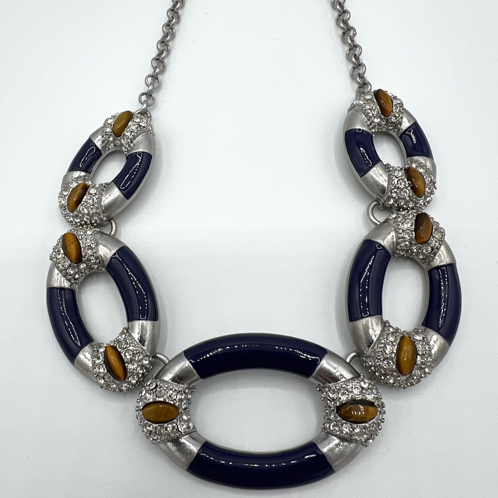 Kiam Family Silver with Navy Blue, Tiger Eye and rhinestone Necklace